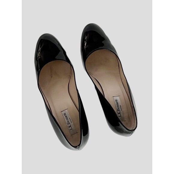 L.K. Bennett Maddox 4” Wedge Heels Black Patten Leather Jute Trim Heels Duchess - Picture 5 of 8